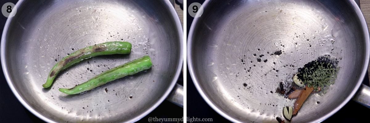 collage image of 2 steps showing tempering for achari chicken masala recipe.