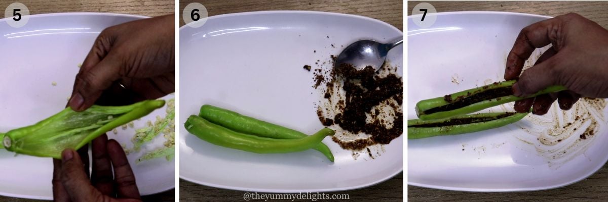 collage image of 3 steps showing stuffing the green chilies with achari masala for achari chicken recipe.