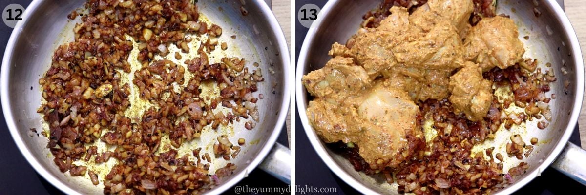 collage image of 2 steps showing addition of marinated chicken to make achari chicken recipe.