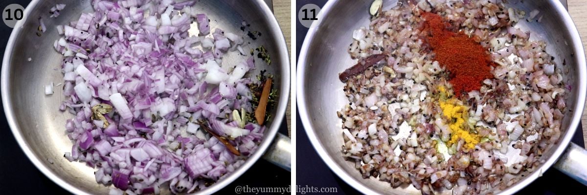 collage image of 2 steps showing sauteing onions and addition of spice powders to make achari chicken recipe.
