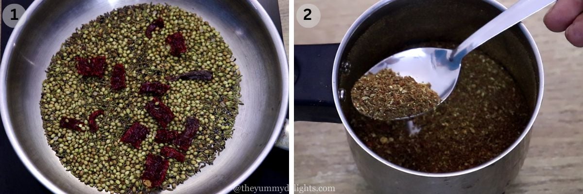 collage image of 2 steps showing how to make achari masala for achari chicken curry recipe.