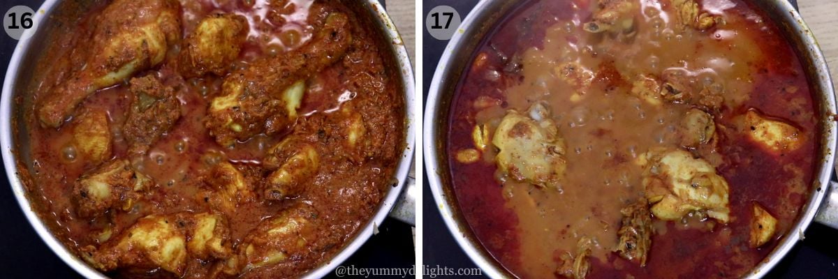 collage image of 2 steps showing cooked chicken in achari chicken curry.