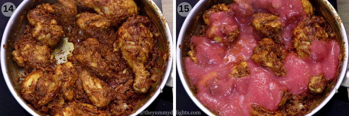 collage image of 2 steps showing addition of tomatoes for making achari chicken curry recipe.