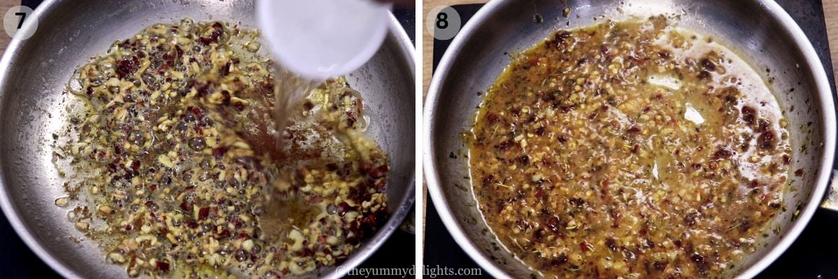 collage image of 2 steps showing addition of water and cornstarch slurry to make garlic butter sauce.