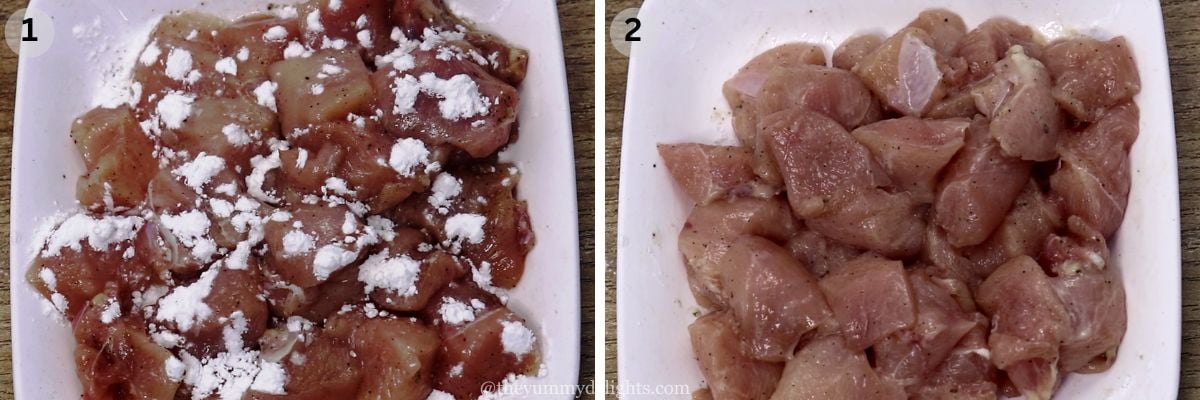 collage image of 2 steps showing marinating the chicken to make garlic butter chicken bites recipe.