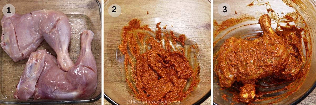 collage image of 3 steps showing how to make tandoori chicken marinade. It shows marinating chicken with salt and lemon juice, making tandoori marinade, and coating the chicken wit tandoori marinade.
