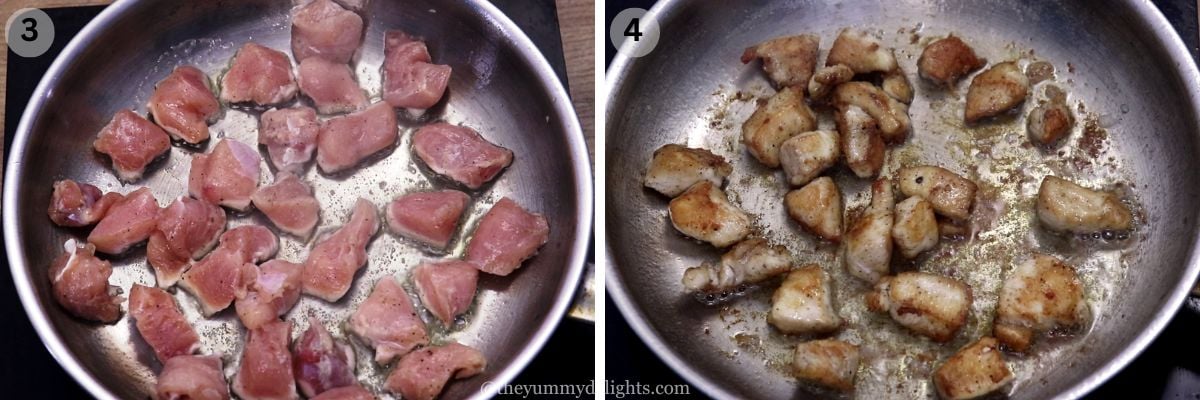 collage image of 2 steps showing pan-searing chicken to make easy garlic butter chicken bites.