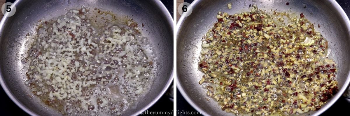 collage image of 2 steps showing sauteing garlic, italian seasoning, and red pepper flakes to make garlic butter chicken bites.