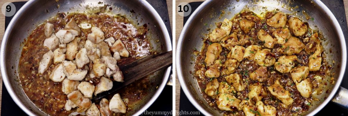 collage image of 2 steps showing addition of chicken and tossing it with garlic butter sauce.