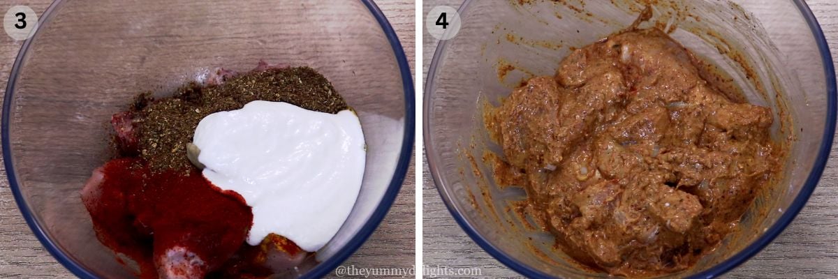 collage image of 2 steps showing how to marinate chicken to make achari chicken curry recipe.