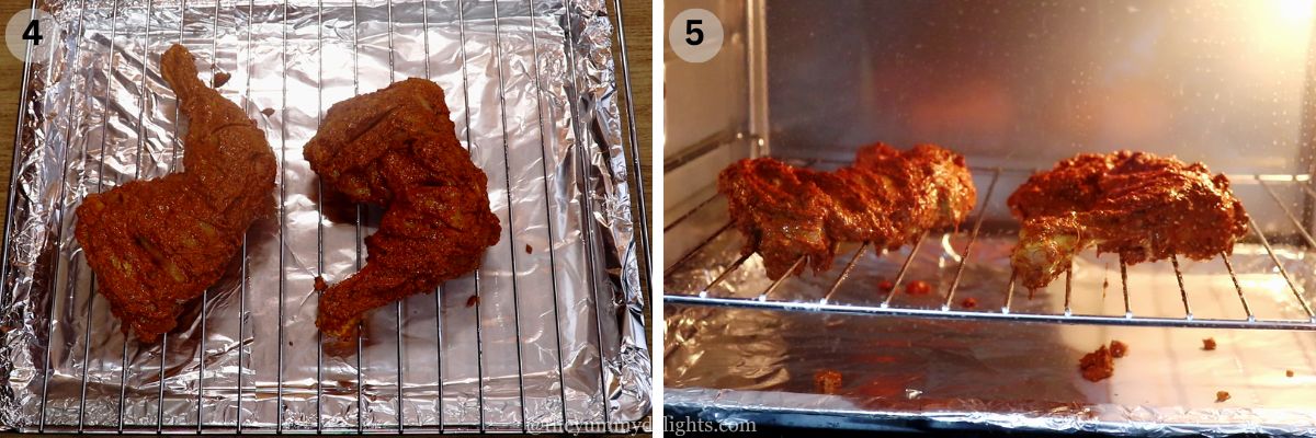 collage image of 2 steps showing placing the marinated chicken on a grill or wire rack and baking it in oven.