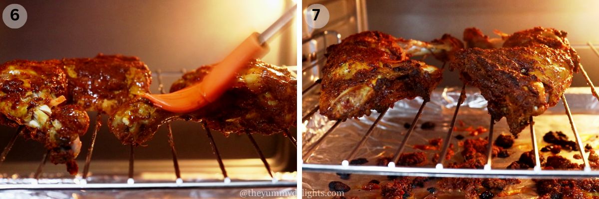 collage image of 2 steps showing basting tandoori chicken with oil and baking it until charred.