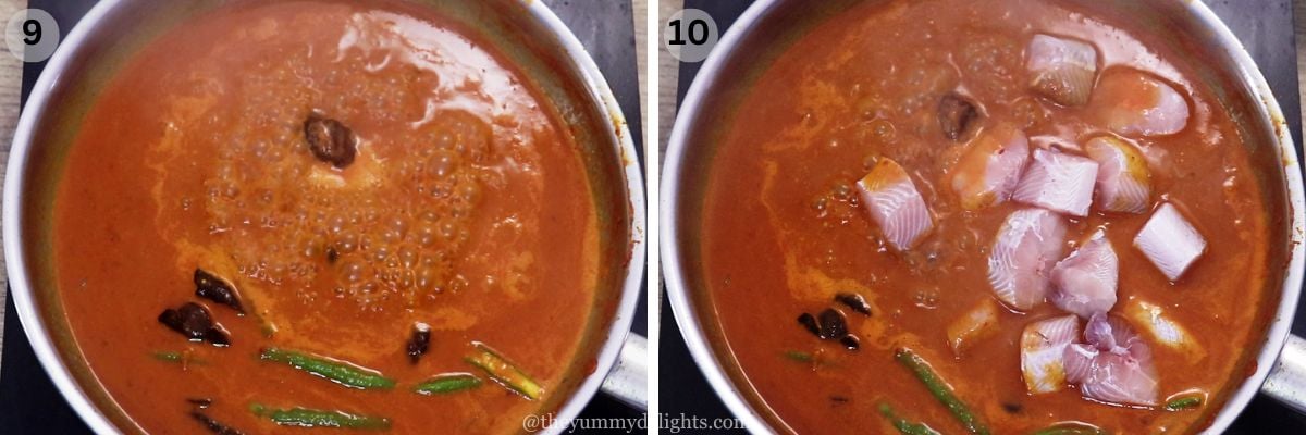 collage image of 2 steps showing addition of fish to the ambotik curry.