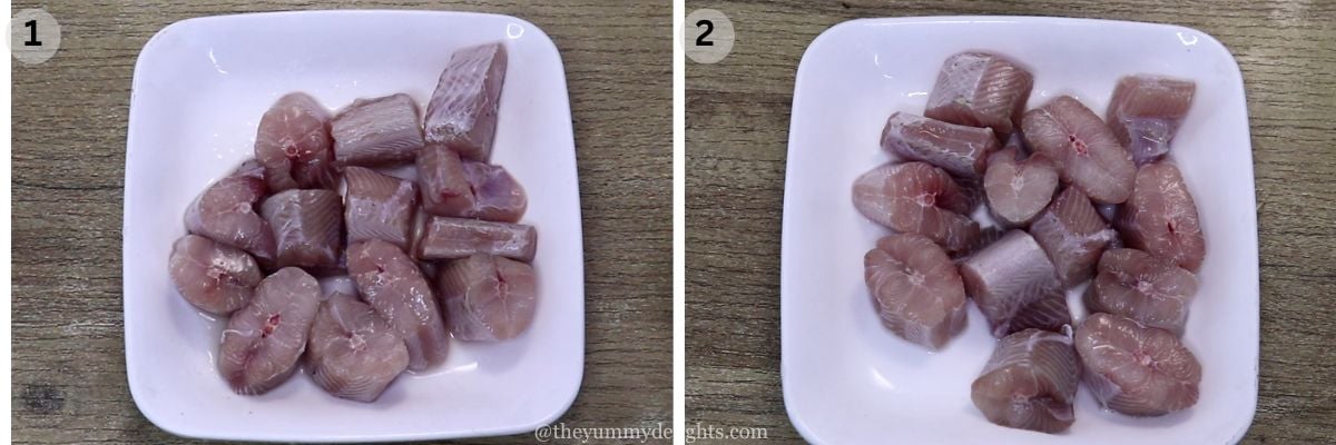 collage image of 2 steps showing marinating the fish pieces with salt to make goan ambotik recipe.