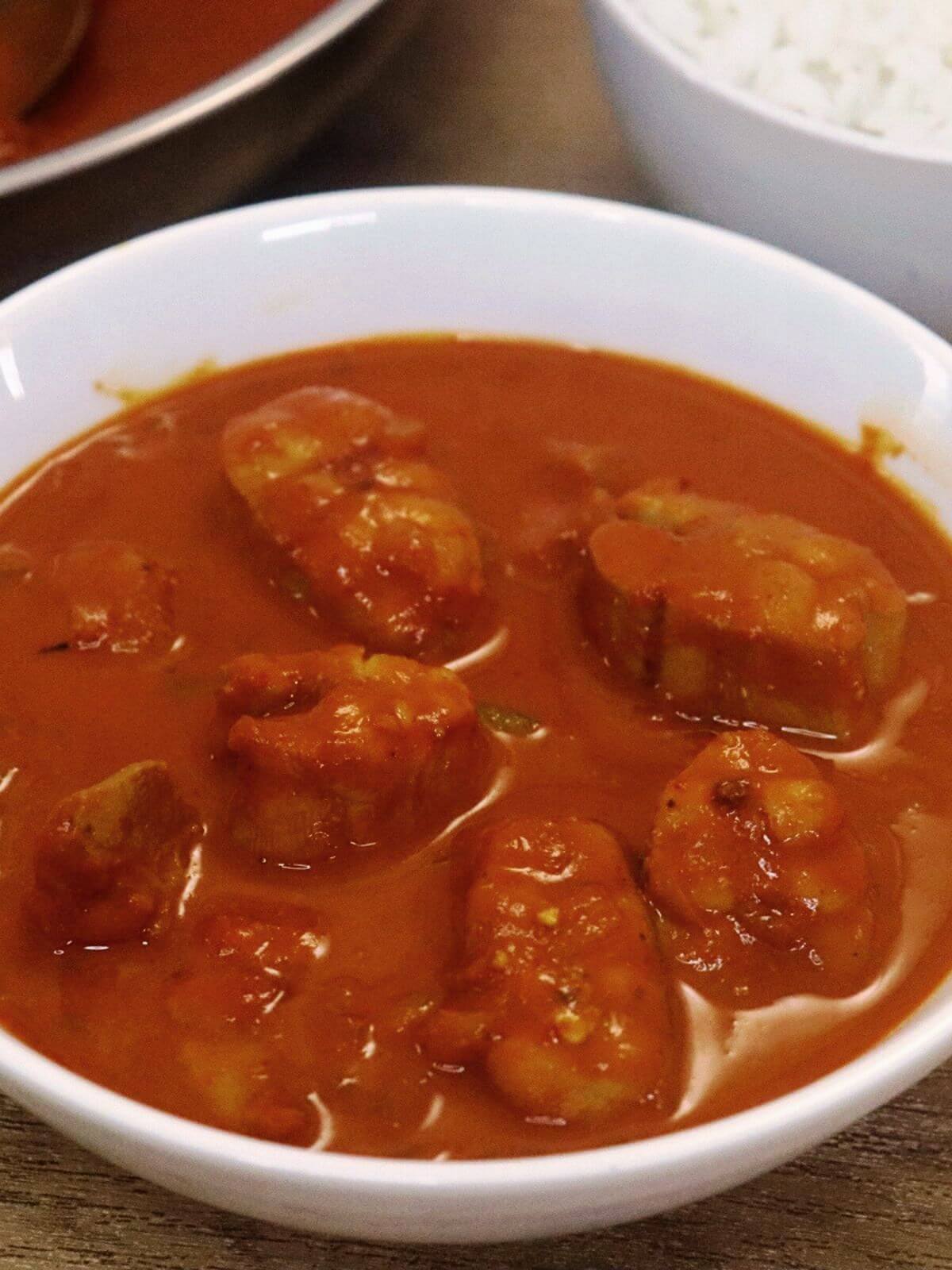close-up of ambotik made with shark fish served in a white bowl.
