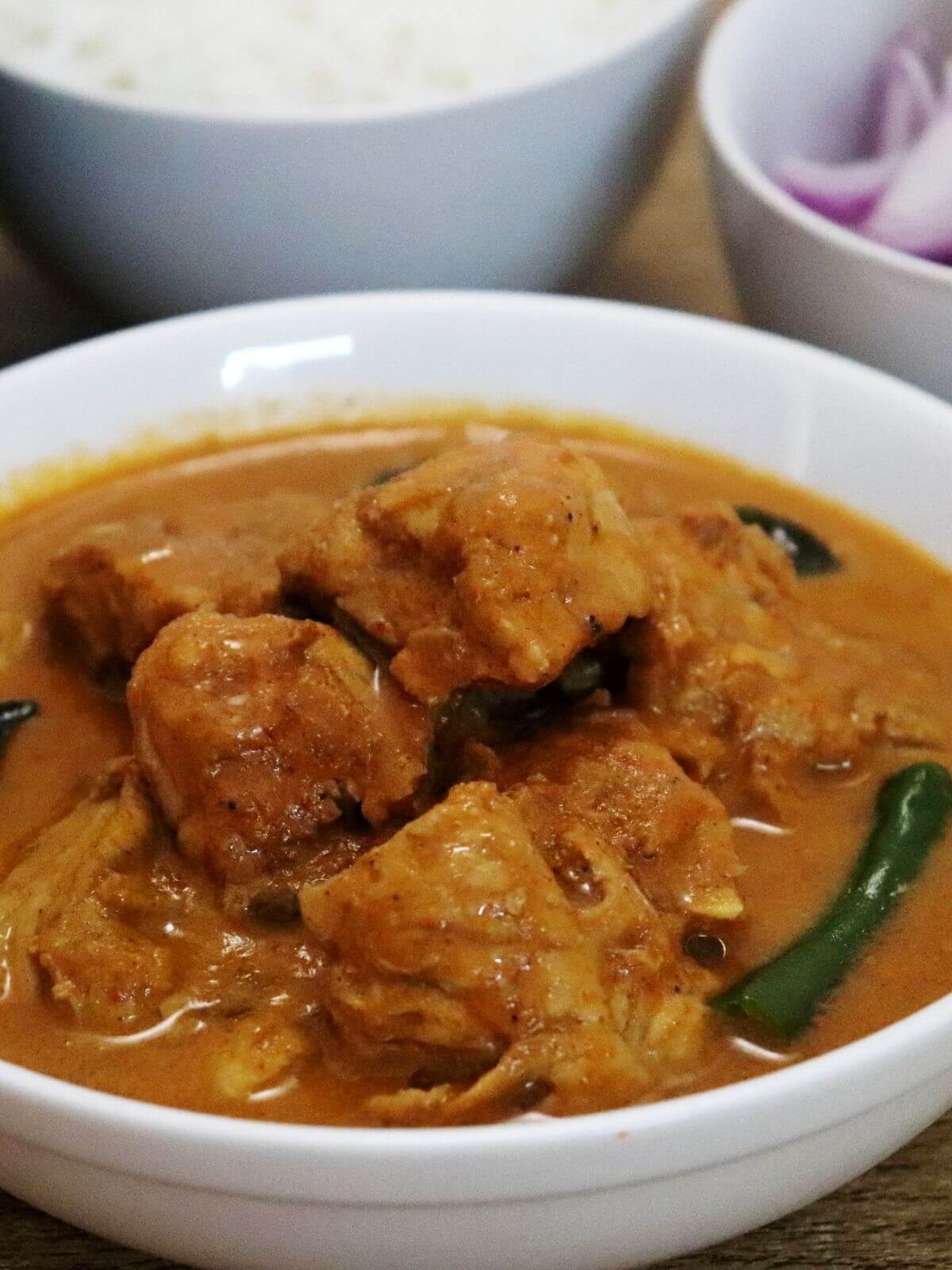 close-up of ceylon chicken curry served in a white bowl.