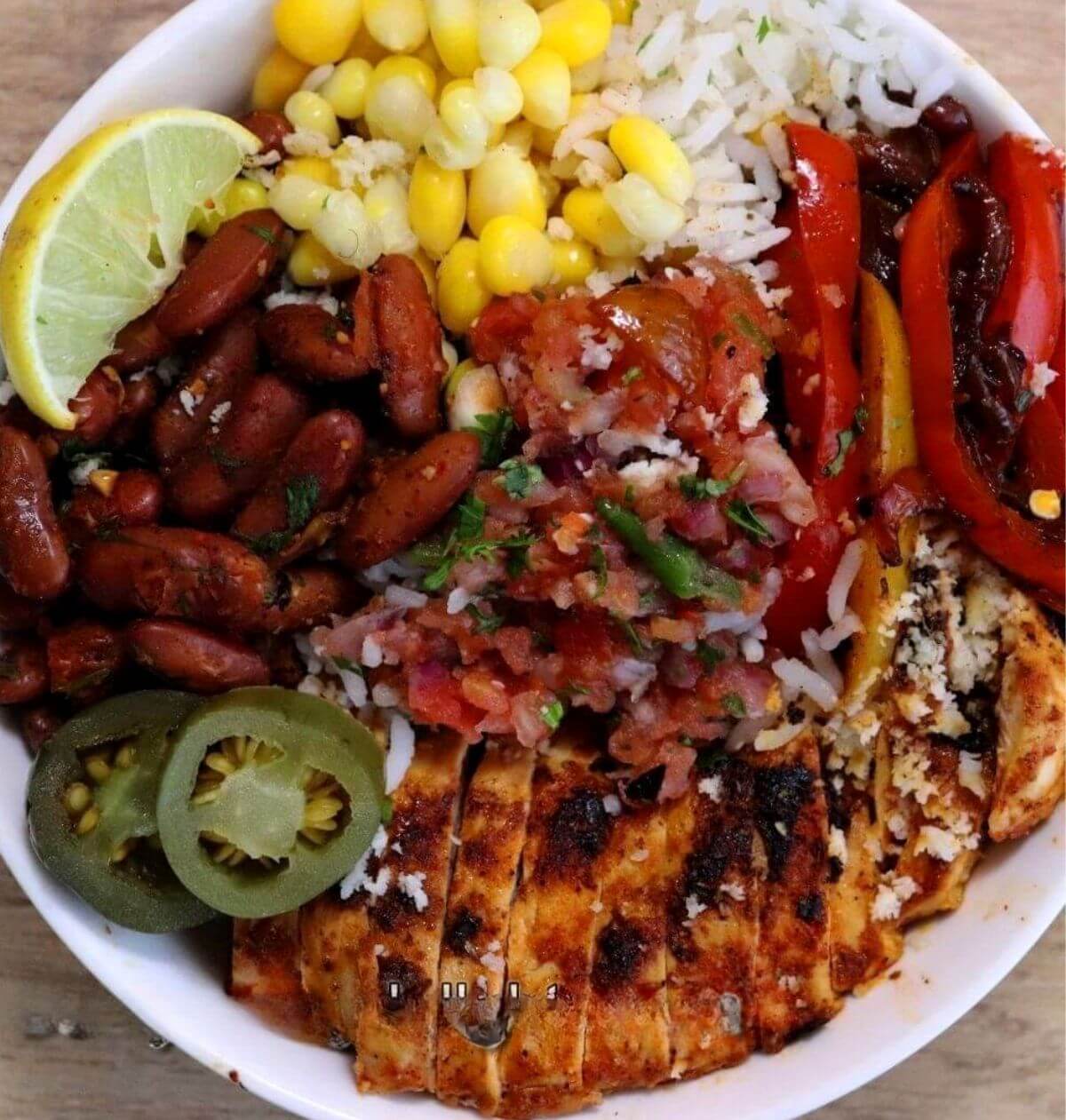 close-up of chicken burrito bowl.