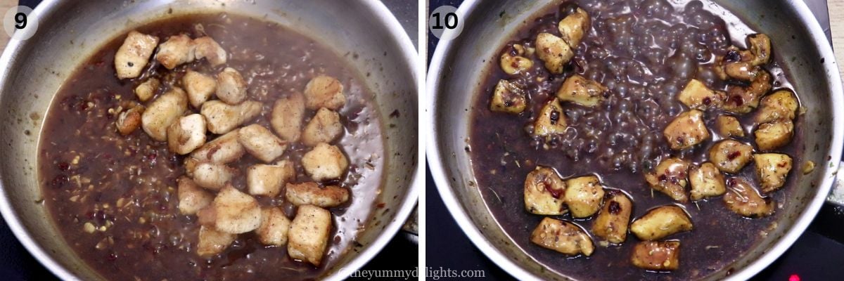 collage image of 2 steps showing addition of chicken to the garlic butter pasta sauce.