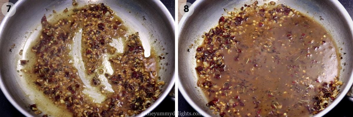 collage image of 2 steps showing addition of water to deglaze the pan and cooking pasta sauce.