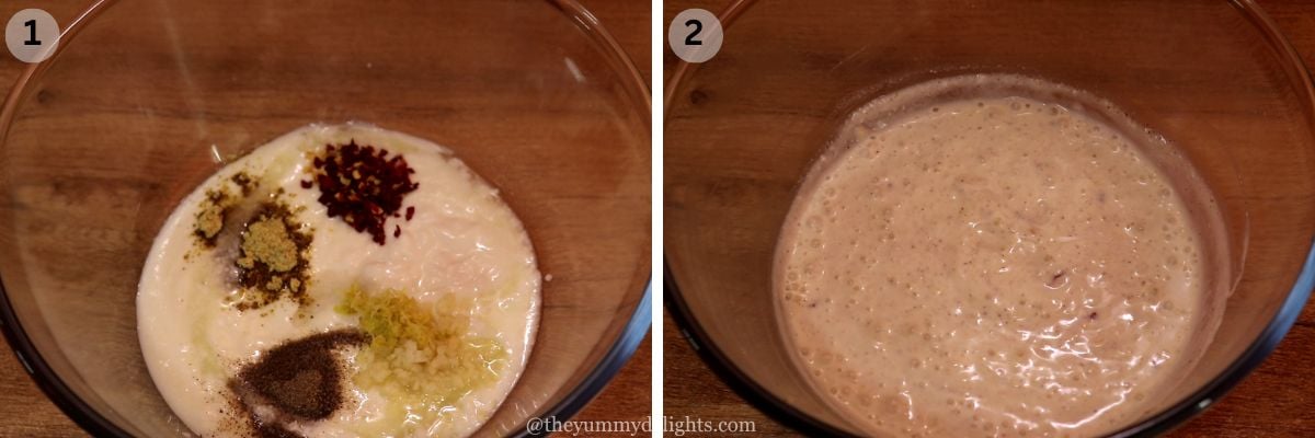 collage image of 2 steps showing how to make creamy corn salad. It shows combining the corn salad dressing ingredients.