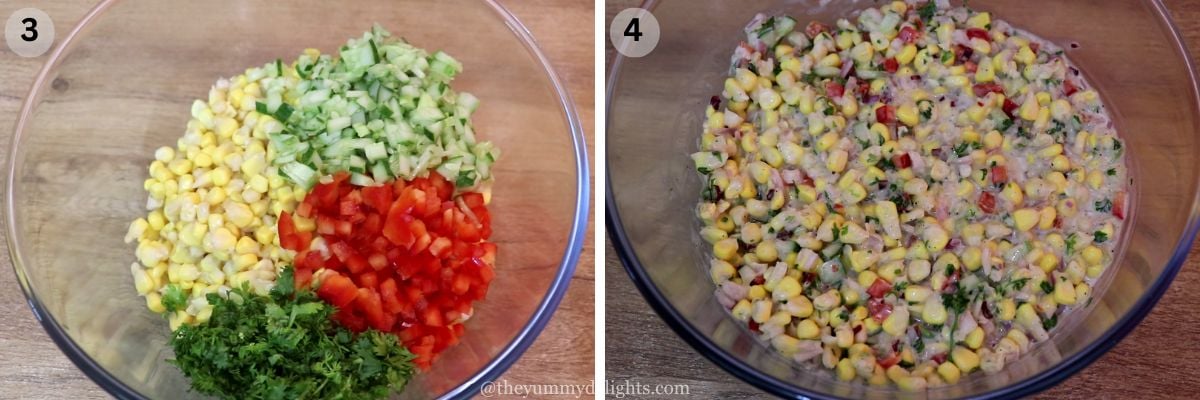 collage image of 2 steps showing how to make creamy corn salad with greek yogurt. It shows addition of salad ingredients to the dressing and combining them.