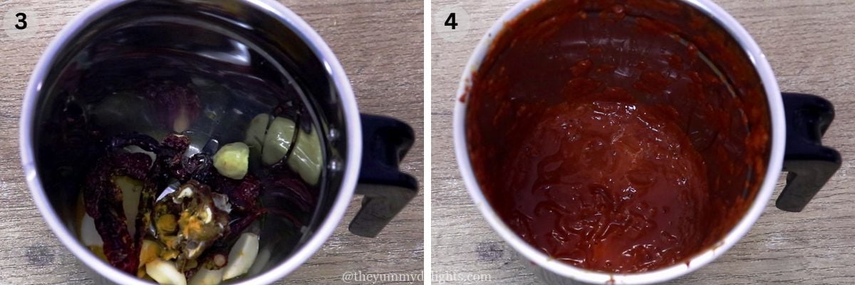 collage image of 2 steps showing addition of ambotik masala ingredients to the mixer jar and grinding it.