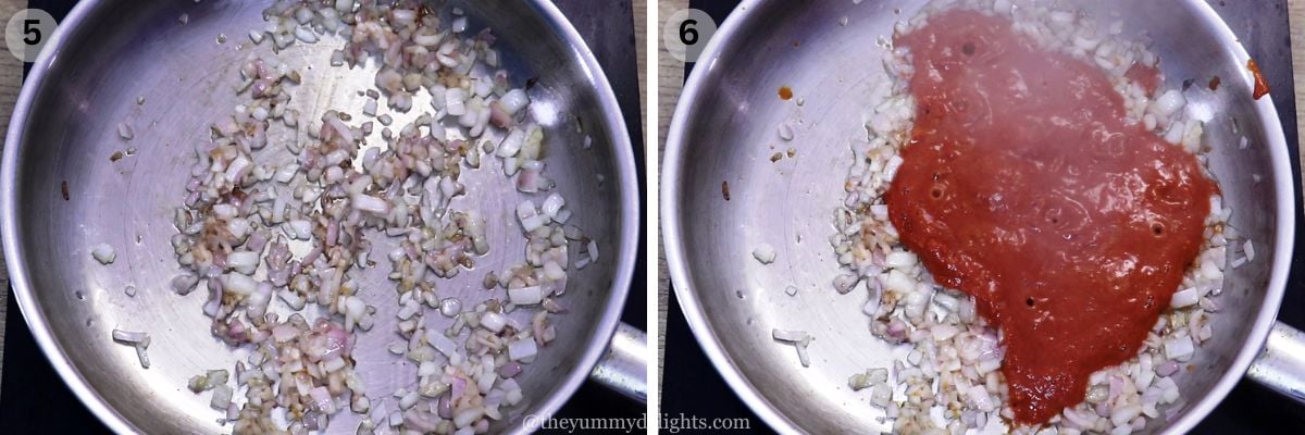 collage image of 2 steps showing sauteing onions and addition of ambotik masala to make goan ambotik recipe.