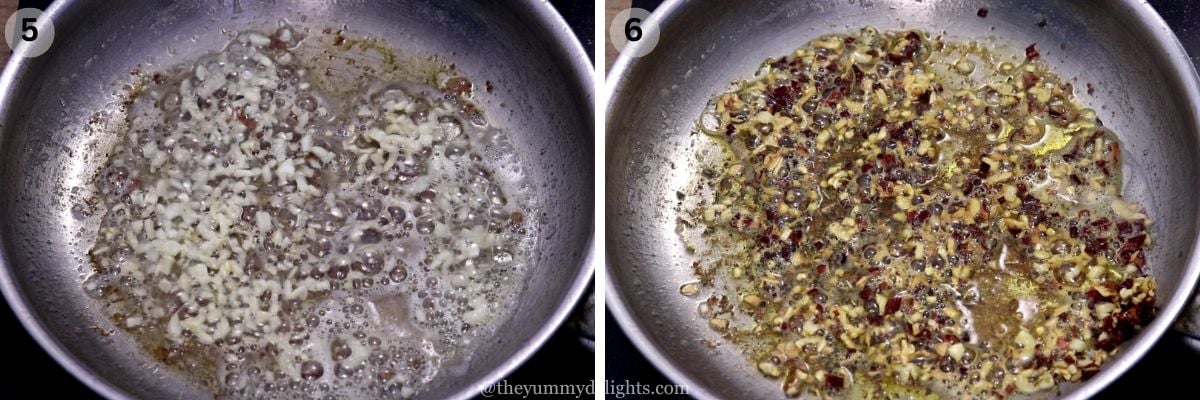 collage image of 2 steps showing sauteing garlic in butter and addition of seasoning to make garlic butter sauce.