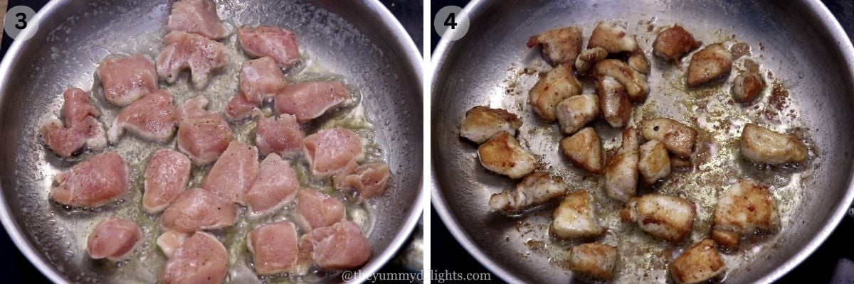 collage image of 2 steps showing pan-searing chicken to make garlic butter chicken pasta.