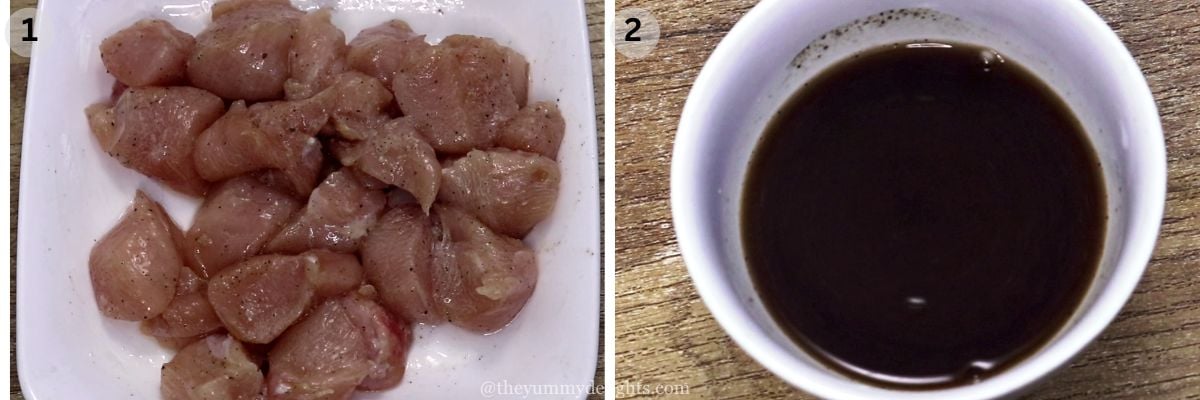 collage image of 2 steps showing preparations for making garlic butter chicken pasta. It shows marinating chicken and preparing pasta sauce.