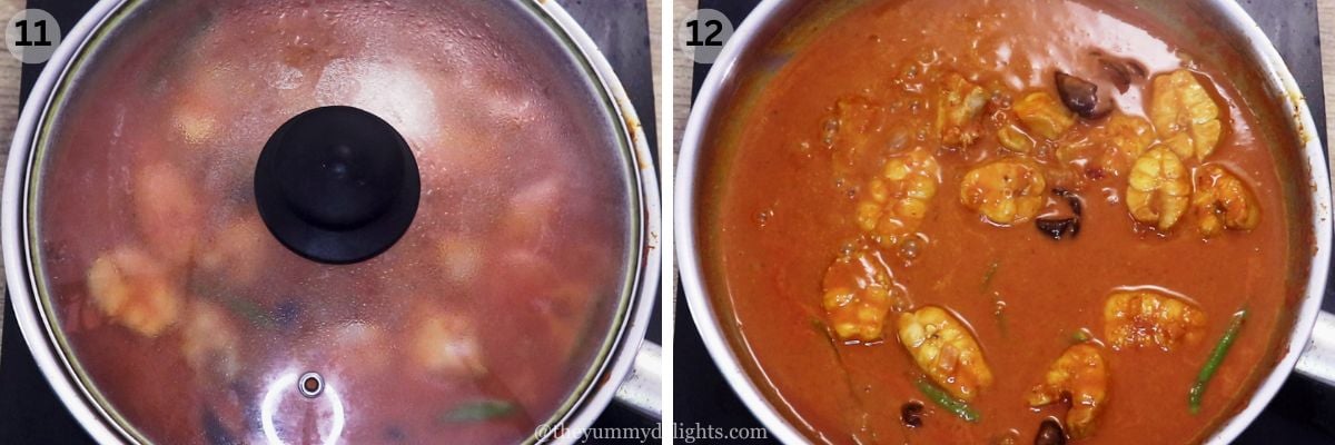 collage image of 2 steps showing cooking fish in ambotik curry.