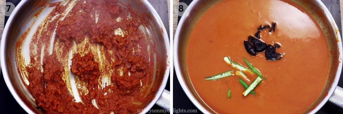 collage image of 2 steps showing cooking ambotik masala paste and addition of water, kokum and green chilies to ambotik curry.