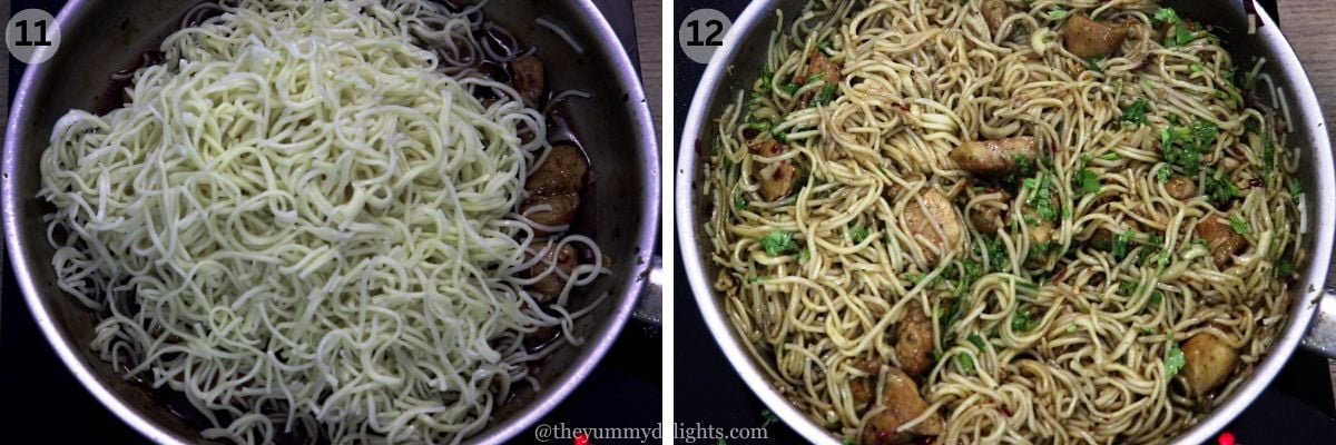 collage image of 2 steps showing how to make garlic butter chicken pasta.