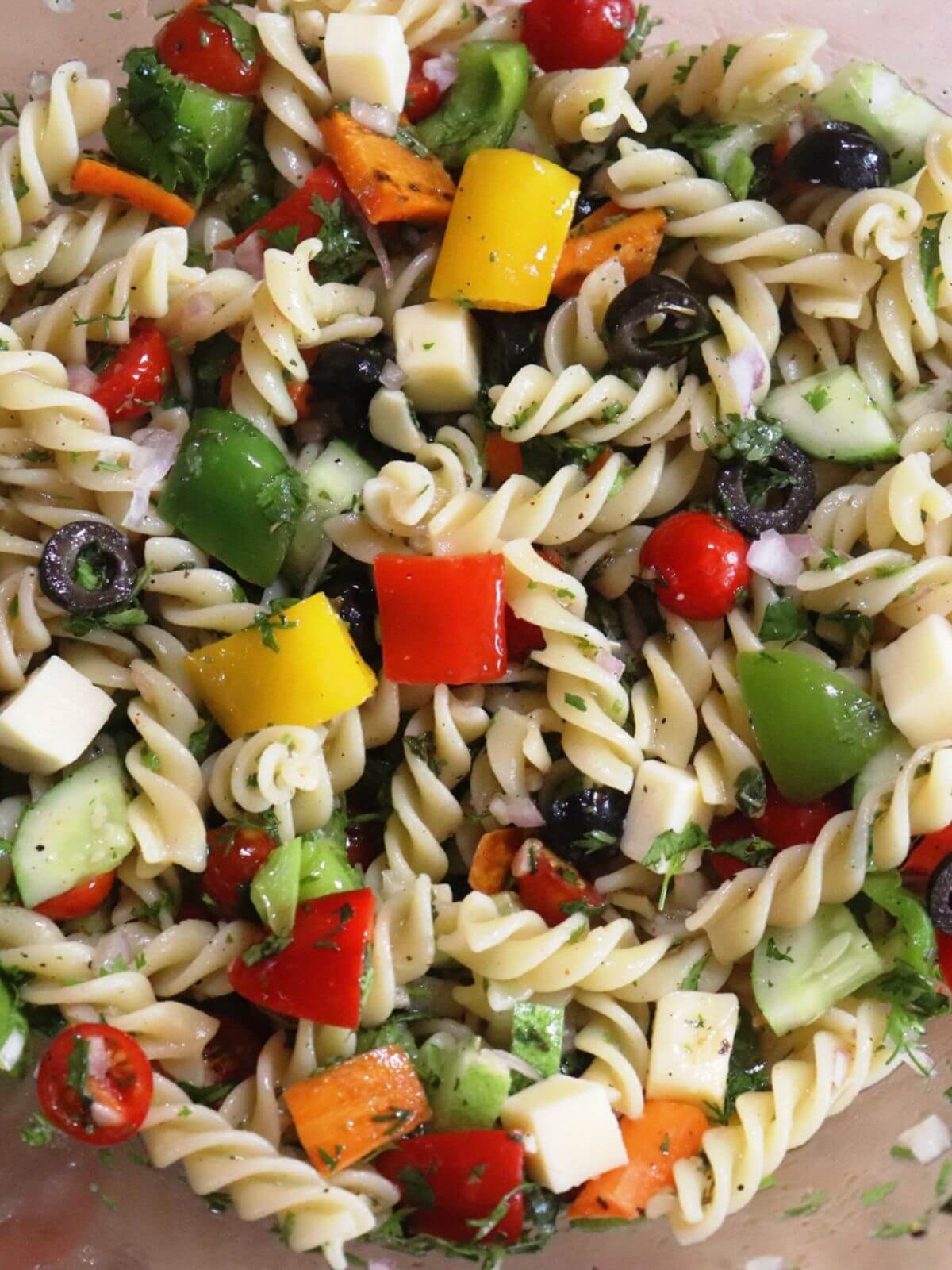 close-up of italian cold pasta salad.