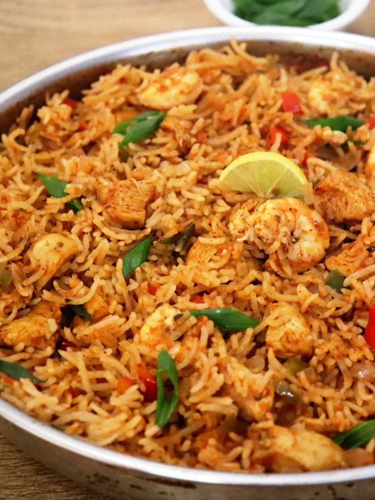 close-up of chicken jambalaya in a skillet.