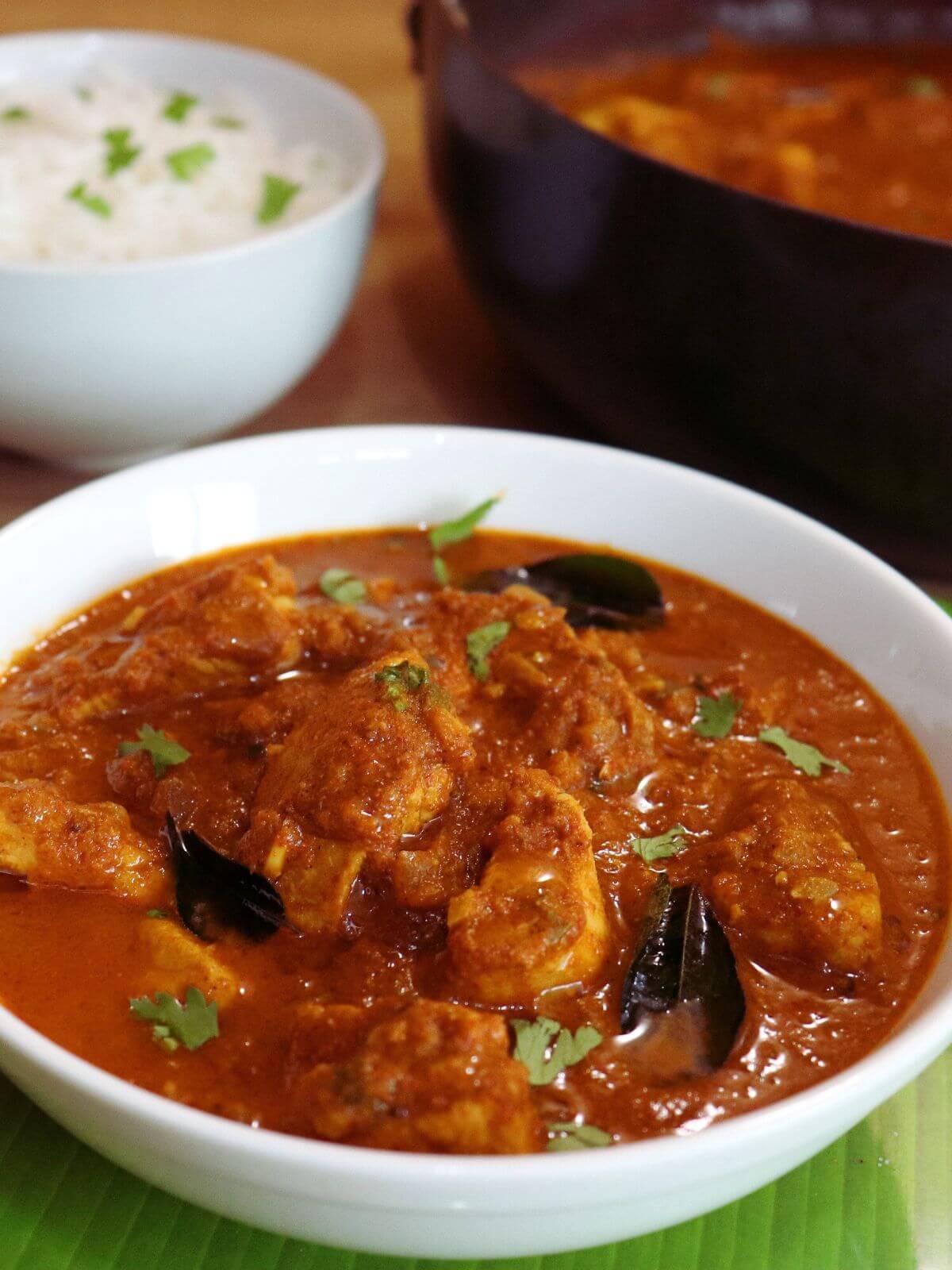 close-up of chicken madras curry served in a bowl.