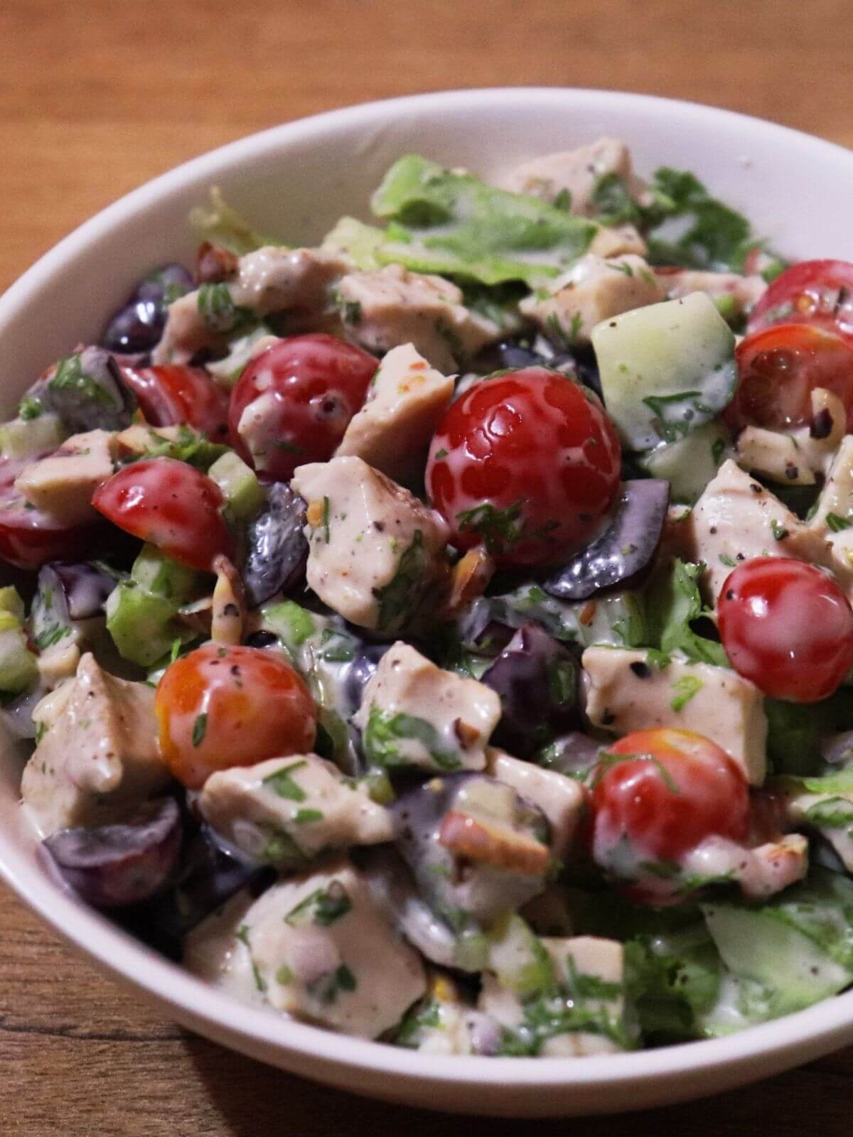 close-up of chicken mayo salad in a bowl.