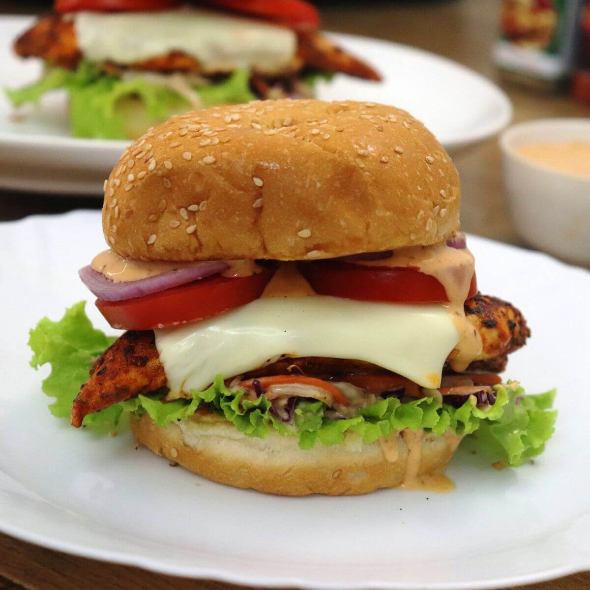 close-up of chipotle chicken sandwich served on a plate,