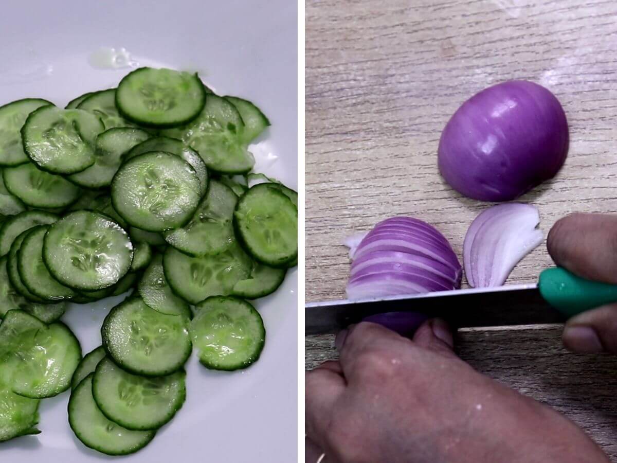 prepping the cucumber and onions to make cucumber salad.
