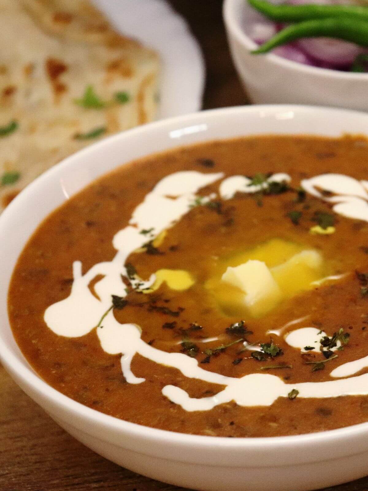 close-up of dal makhani served in a bowl.