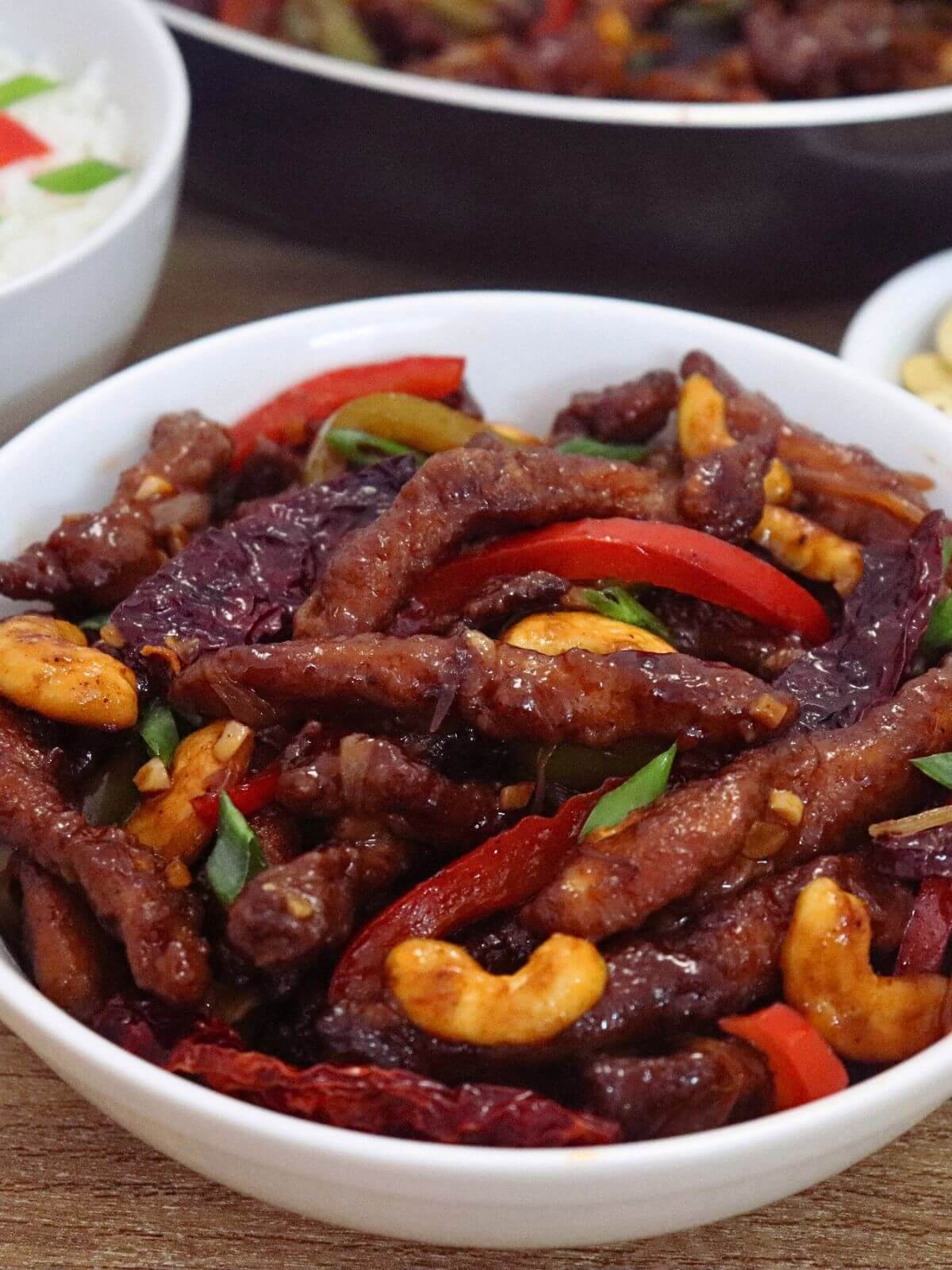 close-up of dragon chicken served in a bowl.