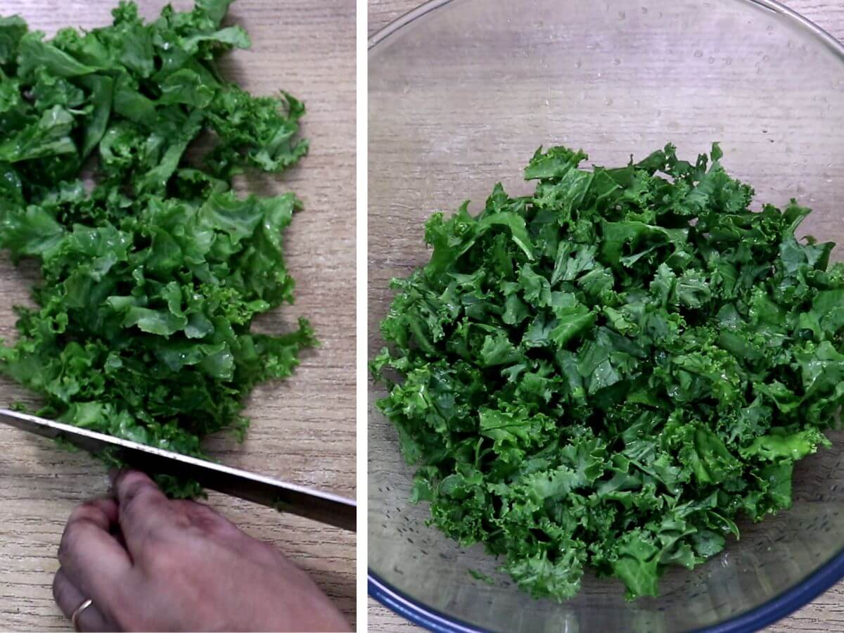 chopping kale into bite-sized pieces.