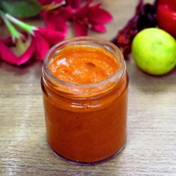 Close-up of harissa paste stored in a glass jar.