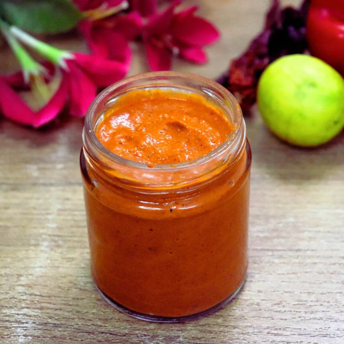 Close-up of harissa paste stored in a glass jar.