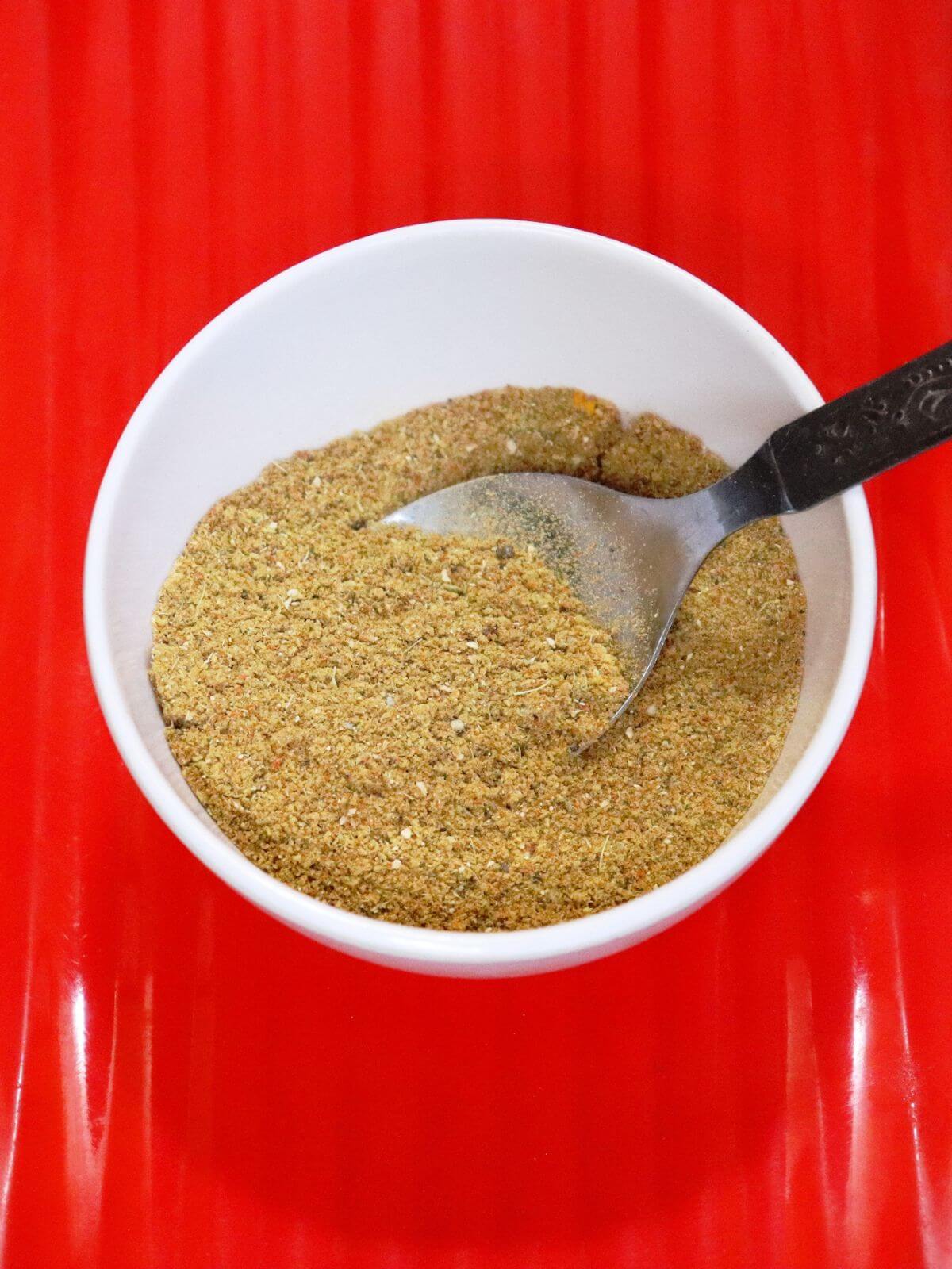 close-up of homemade curry powder in a bowl.