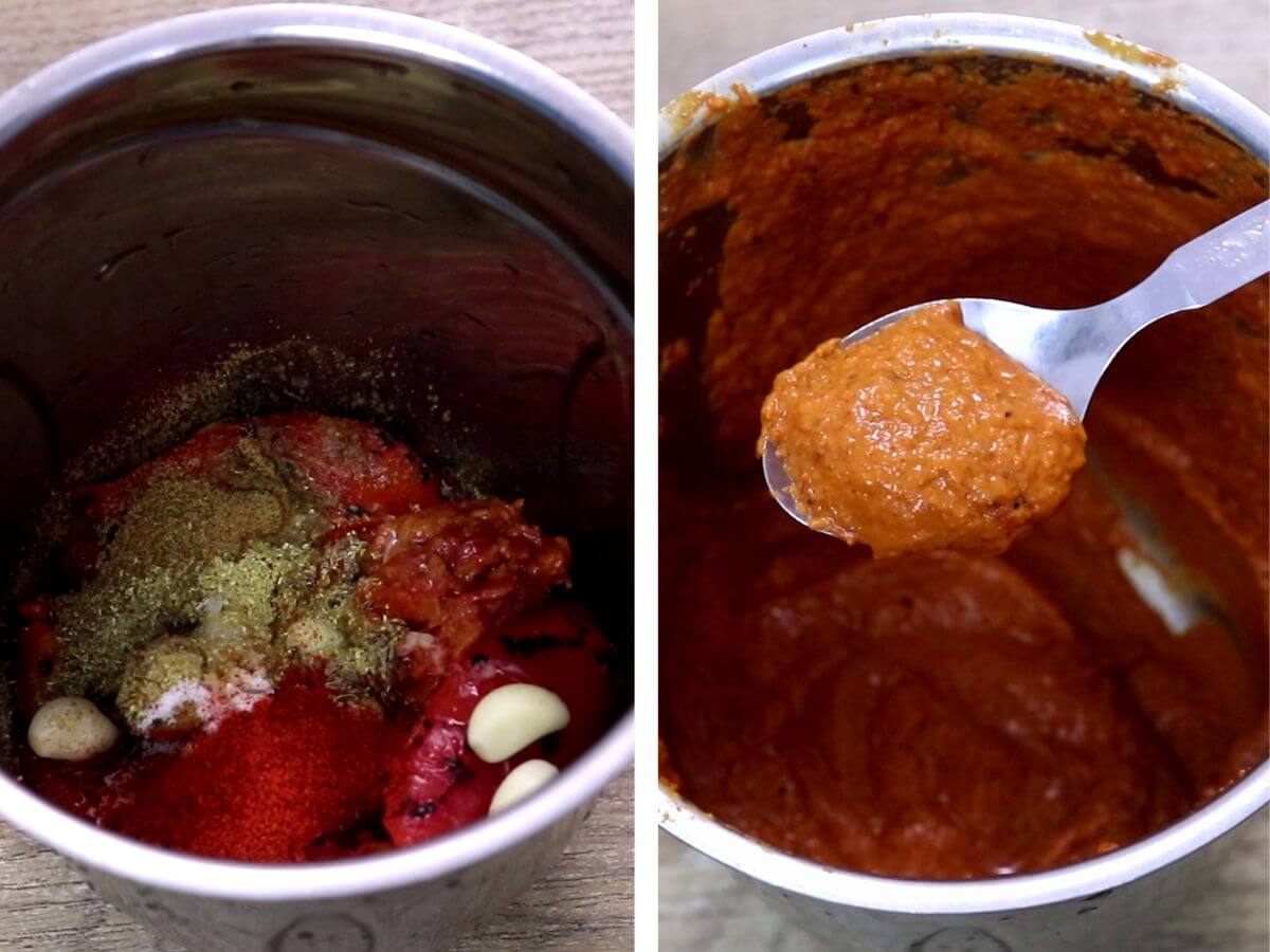 Collage of two images demonstrating harissa paste preparation. The first image captures ingredients being added to a mixer jar, while the second shows the finished, blended paste held on a spoon.