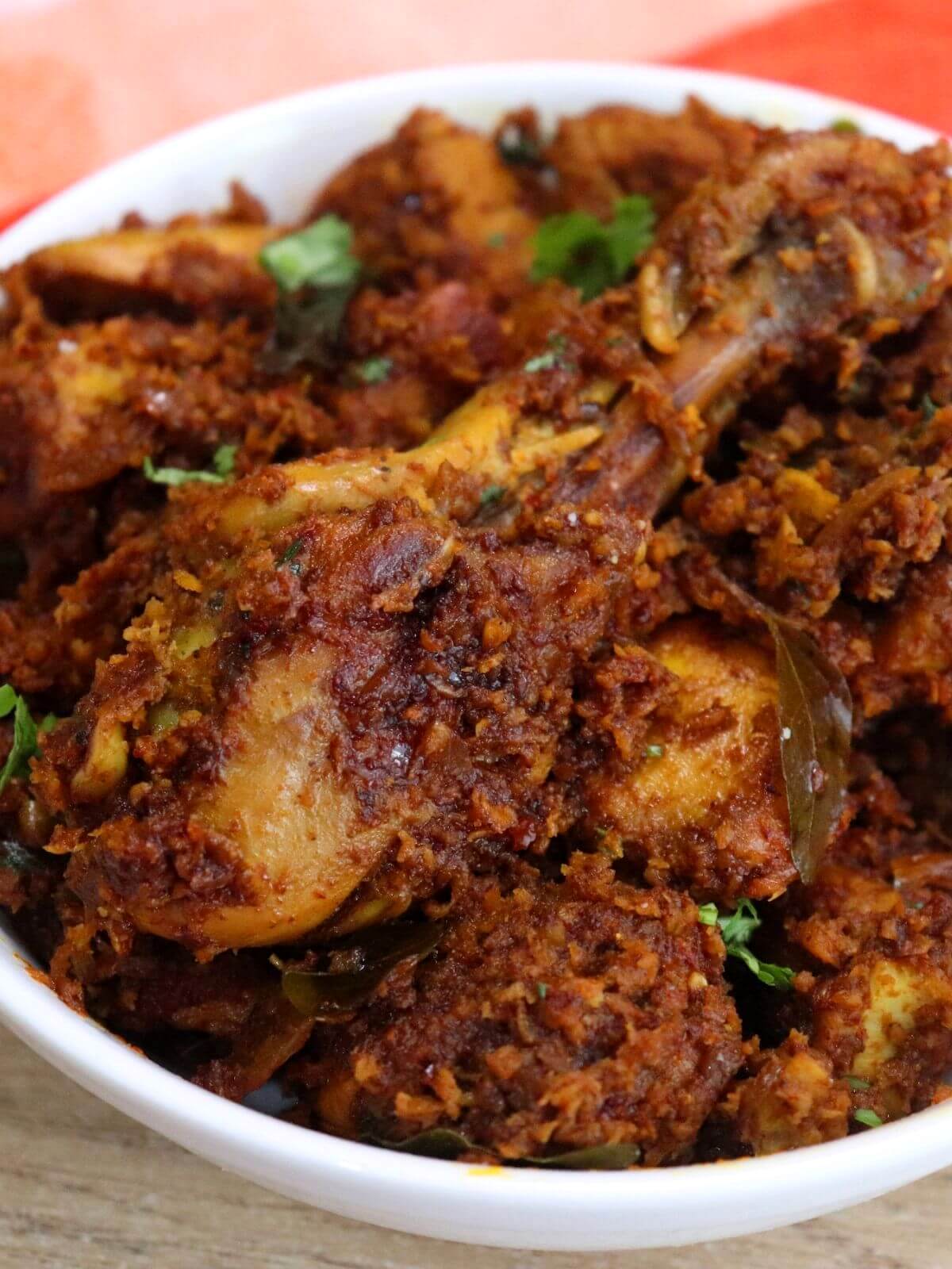 close-up of mangalorean chicken sukka in a bowl.