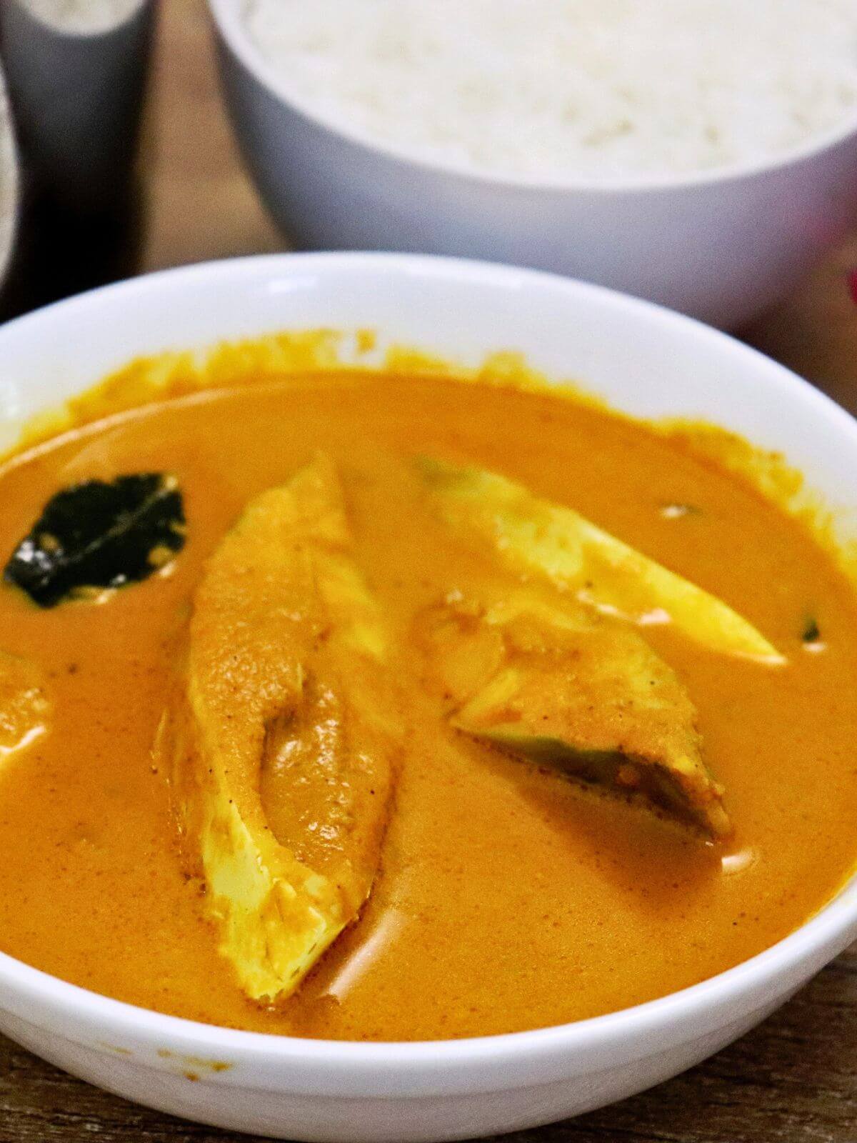 close-up of mangalorean fish curry served in a bowl.