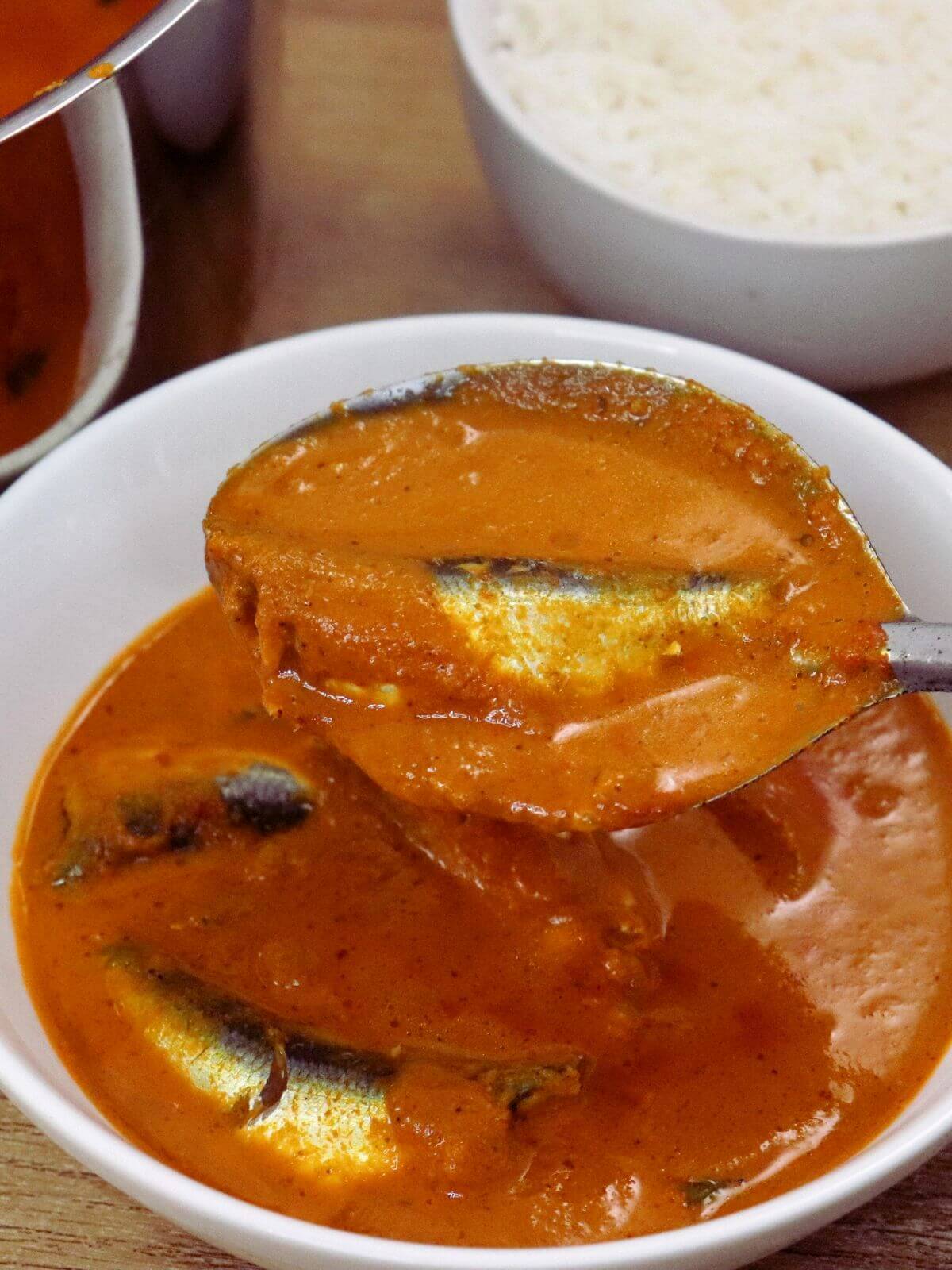 A close-up view of a bowl of sardine curry, with a ladle full of curry held above it.