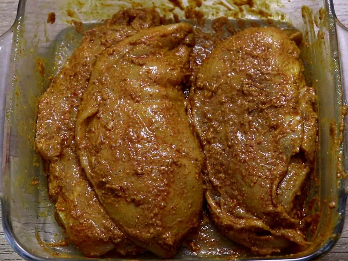 close-up of marinated chicken shawarma.